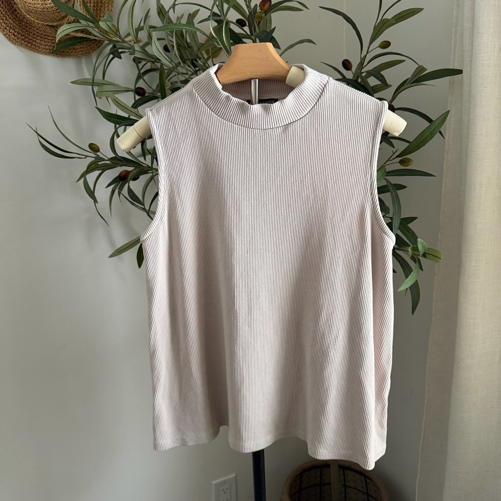 Eileen Fisher Ribbed Sleeveless Mock Neck Top Neutral Size M - Picture 3 of 8